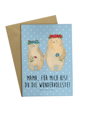 Mr. & Mrs. Panda Grußkarte Bären mit Blumenkranz mit Spruch in Blau Pastell