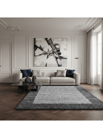 KADIMA DESIGN Teppich Hochflor Shaggy Waschbar Bordüre RHEIN Strapazierfähig in Grau