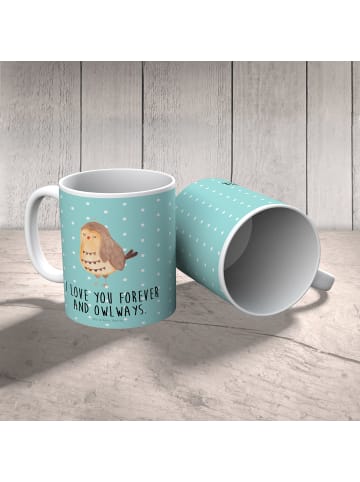 Mr. & Mrs. Panda Tasse Eule Zufrieden mit Spruch in Türkis Pastell
