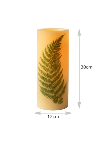 MARELIDA XXL LED Kerze mit Farndruck Echtwachs flackernd in creme - H: 30cm