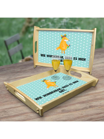 Mr. & Mrs. Panda Tablett Fuchs Blumen mit Spruch in Türkis Pastell