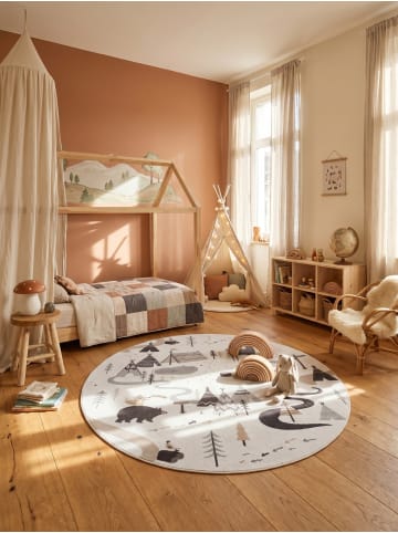 KADIMA DESIGN Kinderteppich Dinosaurier Waschbar Rutschfest Spielteppich in Creme