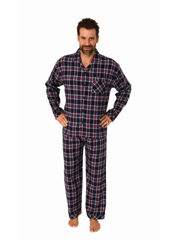 NORMANN Flanell Schlafanzug langarm Pyjama zum durchknöpfen - 70806 in navy