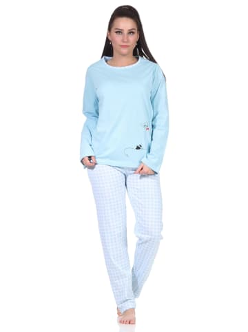 NORMANN langarm Schlafanzug Pyjama Katzen und karierter Jersey Hose - 66206 in hellblau