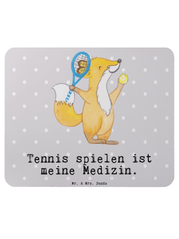 Mr. & Mrs. Panda Mauspad Fuchs Tennis spielen mit Spruch in Grau Pastell