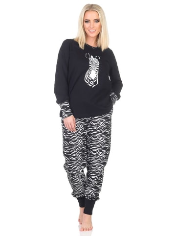NORMANN Pyjama Schlafanzug Bündchen und Hose Animalprint - 84617 in schwarz
