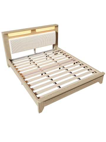 ABRIHOME Doppelbett Holzbett 180×200cm Kopfteil mit Stauraum und LED, helle Eiche