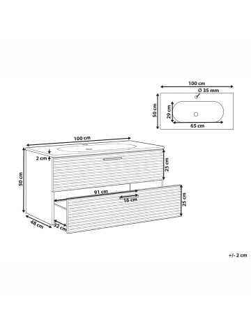 Beliani 2-tlg Badezimmerschrank mit Waschbecken ARAPA in Braun/Weiß/Schwarz