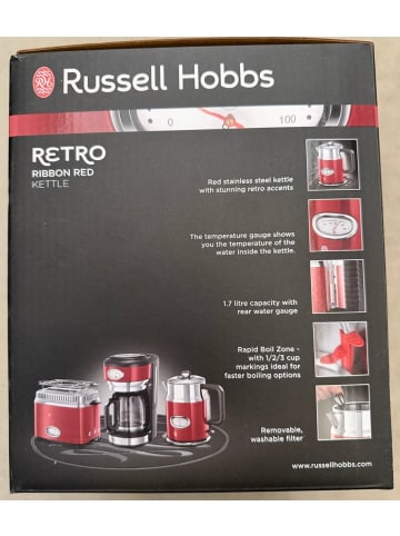 Russell Hobbs Wasserkocher 1,7l, 2400W] Retro Rot + Edelstahl Teekocher 21670-70