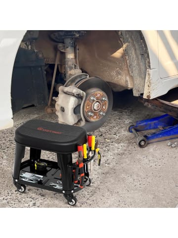 COSTWAY Werkstattstuhl mit Geräteablage und Werkzeughalter in Schwarz