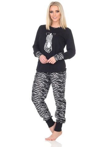 NORMANN Pyjama Schlafanzug Bündchen und Hose Animalprint - 84618 in schwarz