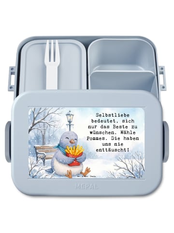 Mr. & Mrs. Panda Lunchbox Taube Winter Pommes Design mit Spruch in Blau Pastell