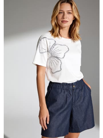 More & More edles Kurzarmshirt, Pailletten-Blume in offwhite