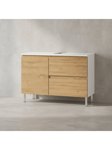 KADIMA DESIGN Waschbeckenunterschrank, Weiß-Eiche, 80x34x56 cm, Chromfüße, Stauraum