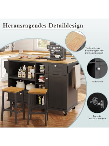 ABRIHOME Beweglicher Küchenwagen mit Schubladen und Lagerschränken in Schwarz