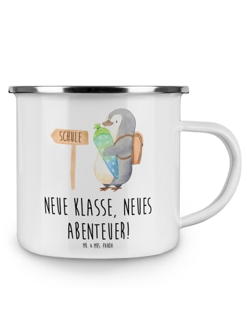Mr. & Mrs. Panda Emaille Tasse Erster Schultag Abenteuer mit Spruch in Weiß