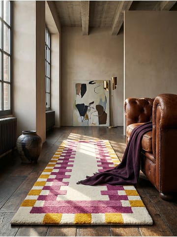 KADIMA DESIGN Teppich Wolle Handgetuftet WENSUM Geometrisches Muster Wohnzimmer in Rosa-Gelb