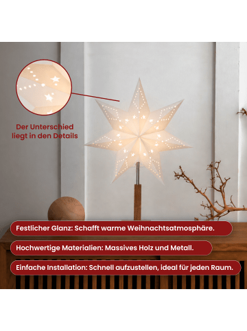 STAR Trading Papierstern-Tischleuchte 'Karo', weiß, Holzfuß Eiche, 55cm in Weiß