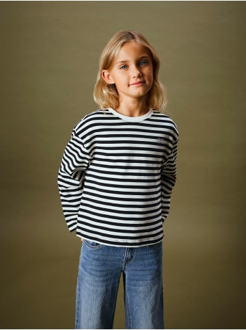 name it 2er-SET Gestreiftes Langarmshirt mit Print Rundhals Longsleeve in Schwarz