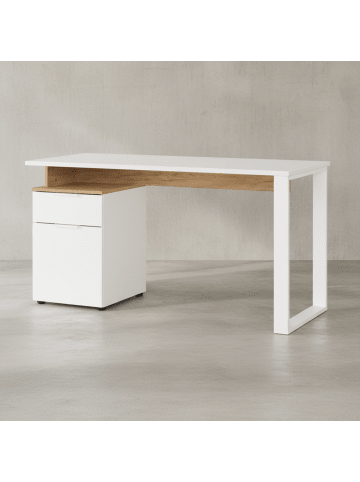 KADIMA DESIGN Bürotisch mit Container, Weiß-Beige, 140x61x74 cm, Metallkufen, stoßfest