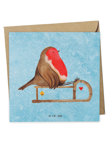 Mr. & Mrs. Panda Klappkarte Rotkehlchen Schlitten ohne Spruch in Eisblau