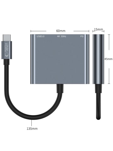 TechProtect HUB Tech-Protect V1 3in1 USB-C – USB-A 3.0 / USB-C PD 100 W in Grau