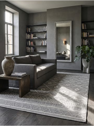 KADIMA DESIGN Wetterfester Flachwebteppich mit Ethno-Rautenmuster und Bordüre in Grau