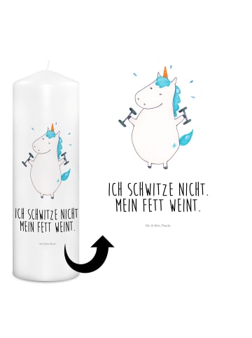 Mr. & Mrs. Panda Kerze Einhorn Fitness mit Spruch in Weiß