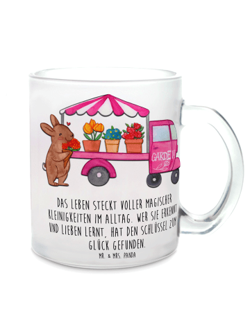 Mr. & Mrs. Panda Glas Osterhase Blumenwagen mit Spruch in Transparent