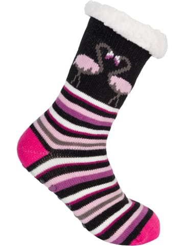 styleBREAKER ABS Kuschelsocken Streifen Flamingo in Schwarz