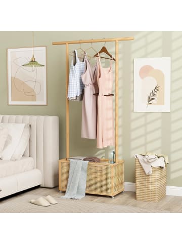 COSTWAY Garderobenständer mit PE-Rattan Aufbewahrungskorb & Rollen in Hellbraun