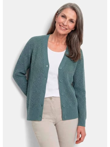 GOLDNER Kurzgröße: Elegante Strickjacke mit V-Ausschnitt in graugrün