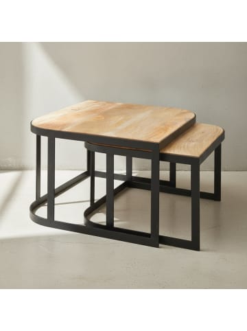 KADIMA DESIGN Couchtisch Hell 2er-Set | Mango Massiv, Industrial, Metallbeine Schwarz in Braun