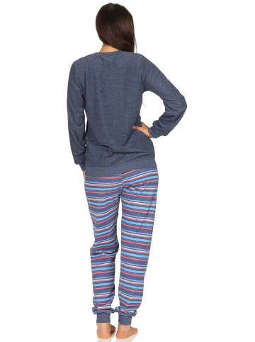 NORMANN Frottee Pyjama lang Bündchen Hose gestreift - 48876 in blau-melange