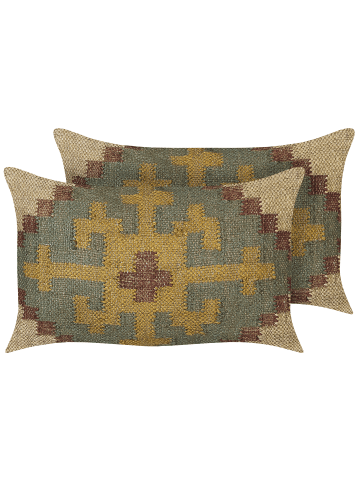 Beliani 2er-Set Dekokissen SARON in Grün/Beige/Bunt