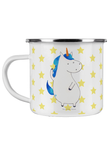 Mr. & Mrs. Panda Camping Emaille Tasse Einhorn Mann ohne Spruch in Weiß