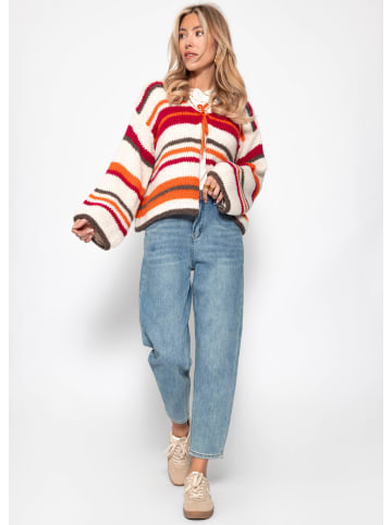 SASSYCLASSY Bunt gestreifte Strickjacke mit Schleifenverschluss in Orange