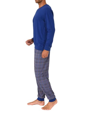 NORMANN langarm Schlafanzug Pyjama Bündchen und karierter Jersey Hose - 83178 in blau