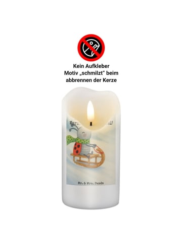 Mr. & Mrs. Panda Blockkerze Smörle Rodeln Design mit Spruch in Weiß