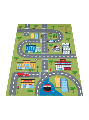 KADIMA DESIGN Kinderteppich waschmaschinenwaschbar Stadtverkehrs Kinderzimmer in Grün