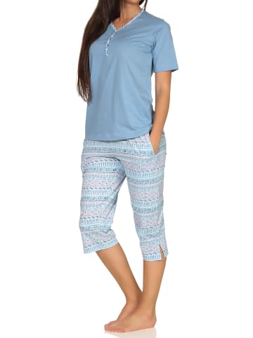 NORMANN Kurzarm Capri Schlafanzug Pyjama Ethnolook in hellblau