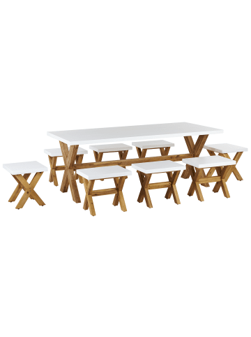 Beliani 9-tlg Gartentisch Set OLBIA in Weiß/Heller Holzfarbton