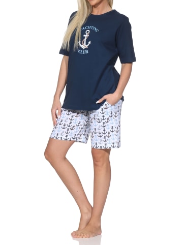 NORMANN Kurzarm Pyjama Schlafanzug Shorty Maritimer Look in marine