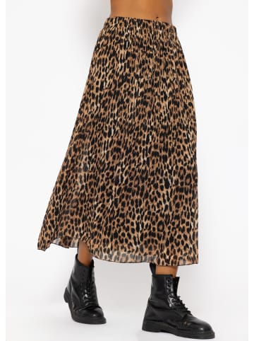 SASSYCLASSY Langer Plissée-Rock aus Chiffon mit Leo-Print in Braun