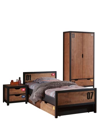 58 aufm Kessel KINDERZIMMER Set komplett Kameko 4 Massivholz+MDF Schwarz/Cognac