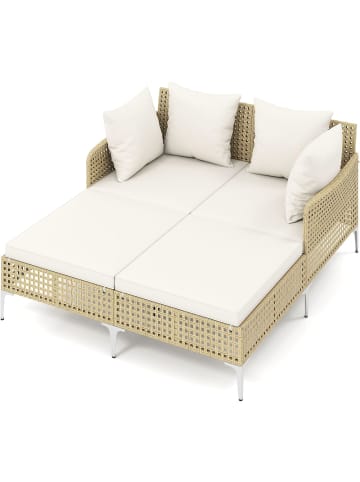 COSTWAY Sonnenliege 2 Personen Polyrattan Doppelliege mit Sitz- & Rückenkissen in Beige