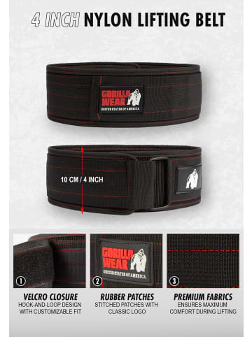 Gorilla Gewichthebergürtel - Nylon 4 Zoll - Schwarz/Rot Genäht