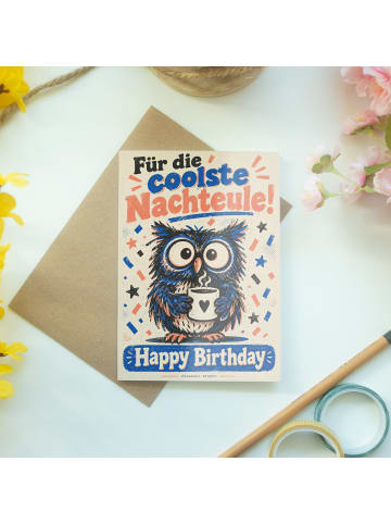 Mr. & Mrs. Panda Glückwunschkarte Geburtstag Eule mit Kaffeetass... in Weiß