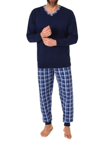 NORMANN Langarm Schlafanzug Bündchen und karierter Jersey Pyjamahose - 86152 in navy