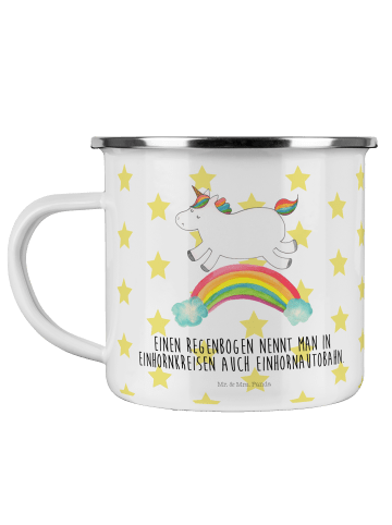 Mr. & Mrs. Panda Camping Emaille Tasse Einhorn Regenbogen mit Sp... in Weiß